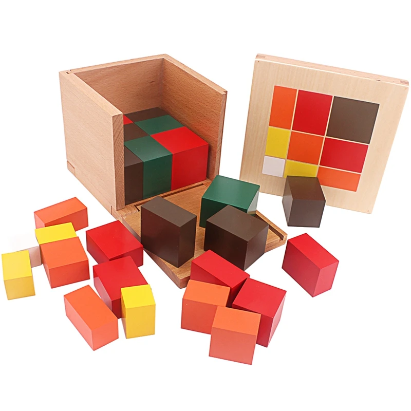 Montessori Materials Wooden Toys Colorful Trinomial Cubes Box Three Wooden Cubes Eighteen Square Based Prisms Student Teaching