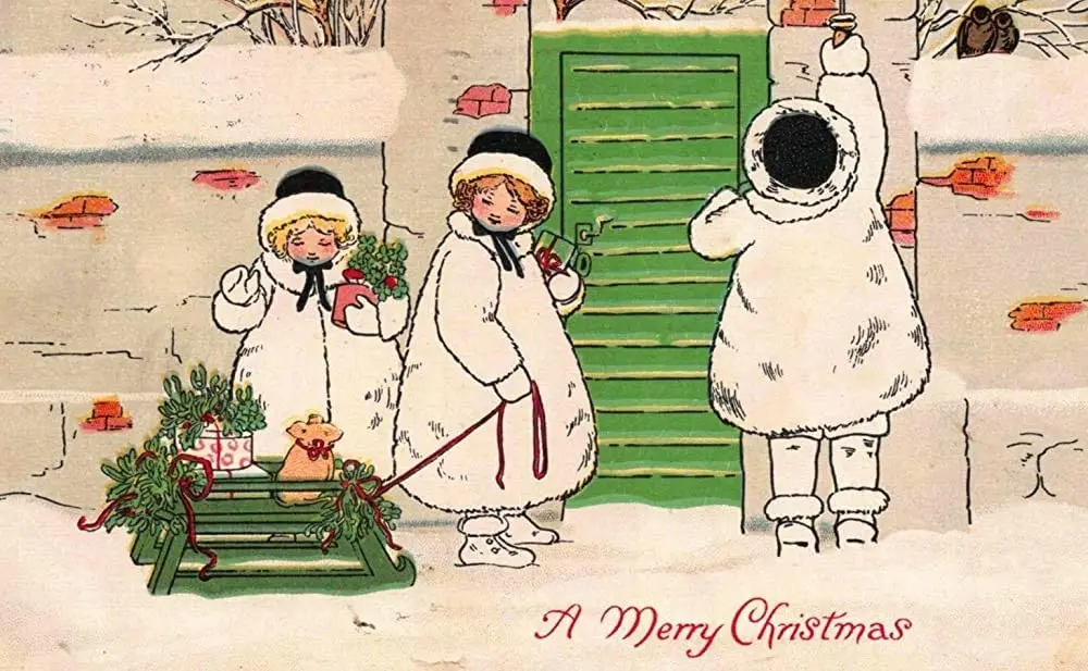 

Christmas Greetings with Tree Girls at Window Tin Sign/Aluminum Metal Sign Vintage Metal Shop Sign 12X16 inch