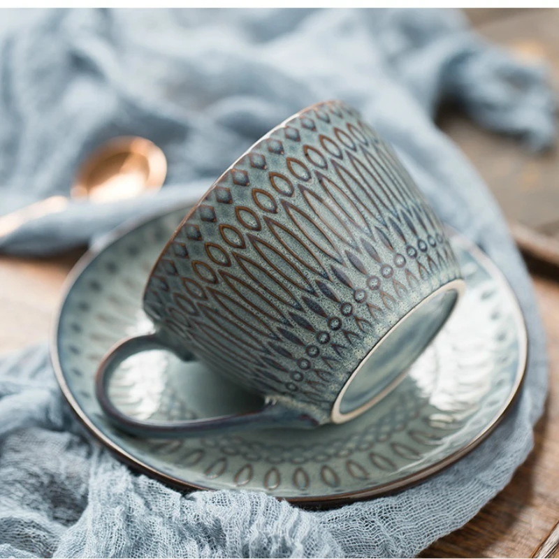 

Classic Pottery Coffee Embossed Coffee Cup Saucer Vintage Latte Cup Latte Art Coffee Cup Porcelain Breakfast Milk Cup