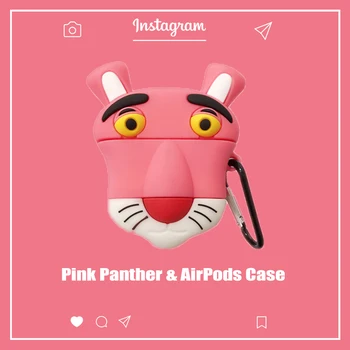 

INS Pink Panther Silicone Case For Airpods Shockproof Soft Rubber Protective Box 3D Cute Unique Earphone Bag Hooks Strap Lanyard