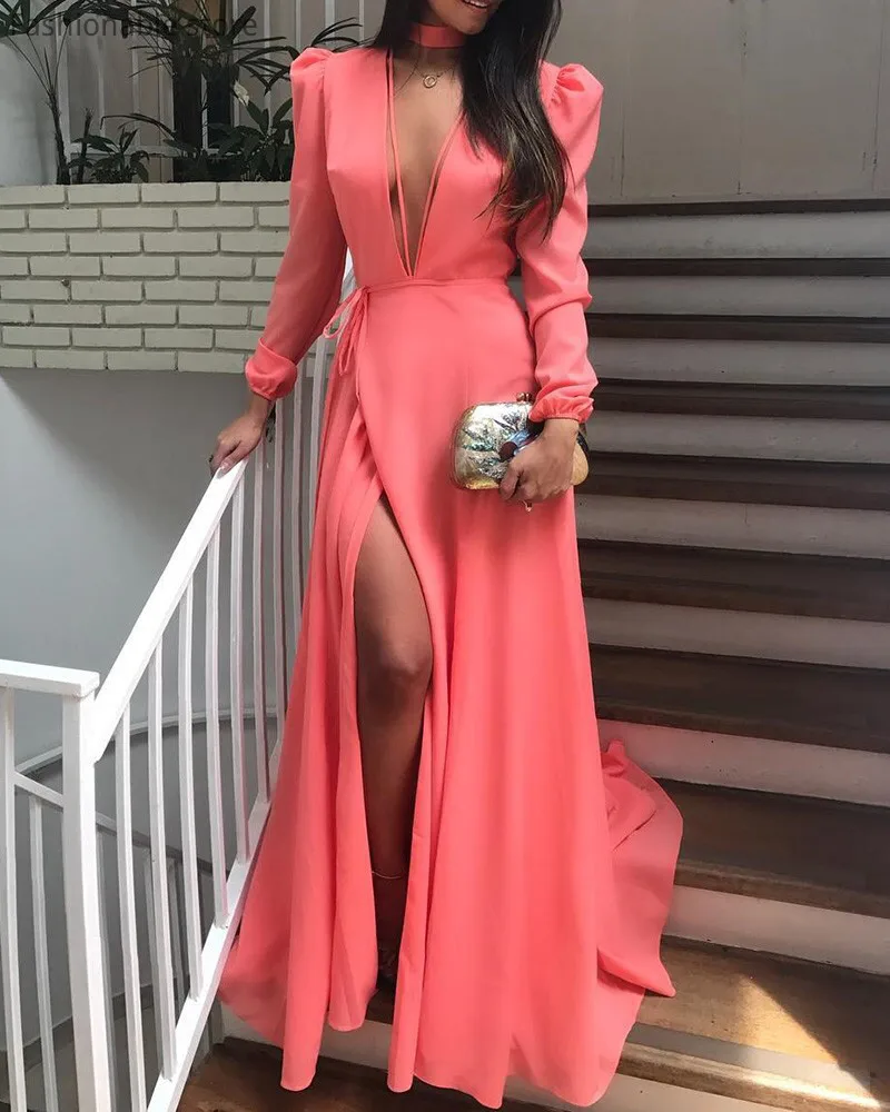 Women's V-neck Puff Long-sleeve Slit Long Evening Dress Y5999