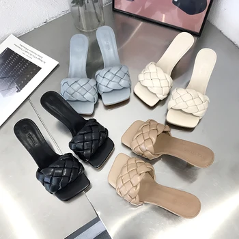 

2020 Luxury Slides Women 7cm High Heels Mules Fetish Summer Sandals Low Heels Slippers Prom Platform Stripper Blue Fashion Shoes