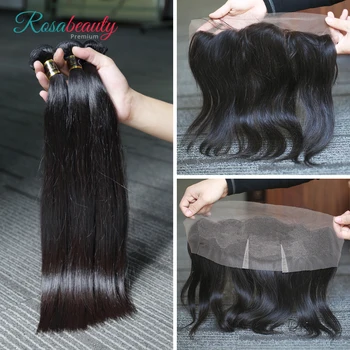 

[Rosabeauty] OneCut Hair Straight 8-30inch H Brazilian Human Raw Virgin Unprocessed Hair Natural Color 3 Bundles With Frontal