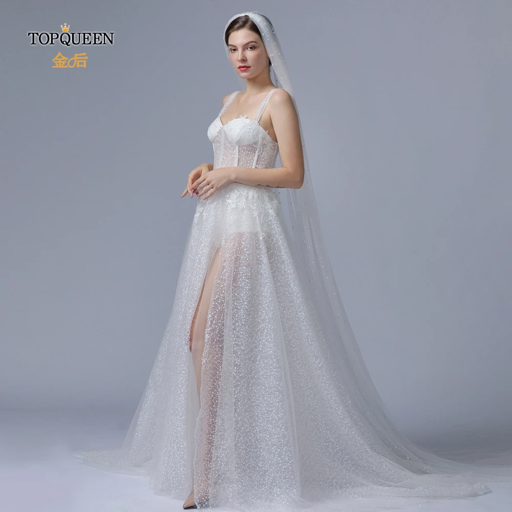 

TOPQUEEN V05 Cathedral Wedding Veil with Beading Pearl White Ivory Church Veil First Communion Veil Single Layer Layered Veil