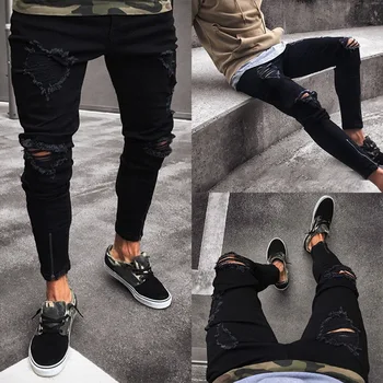 

Mens Skinny Ripped Destroyed Jeans Trousers Cool Ripped Black Jeans Distressed Design Jeans Pants Stretch Hip Hop Pencil Pants