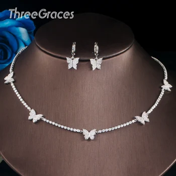 

ThreeGraces Beautiful Yellow Gold Butterfly Shape Earrings Choker Necklace Cubic Zirconia Jewelry Sets for Women Party T538
