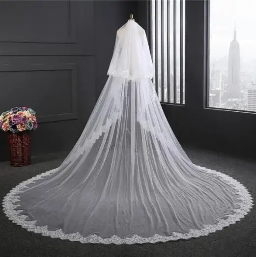 Beautiful Bridal Wedding lace Veil Cathedral long 2Tier With Comb 3M ivory/white 