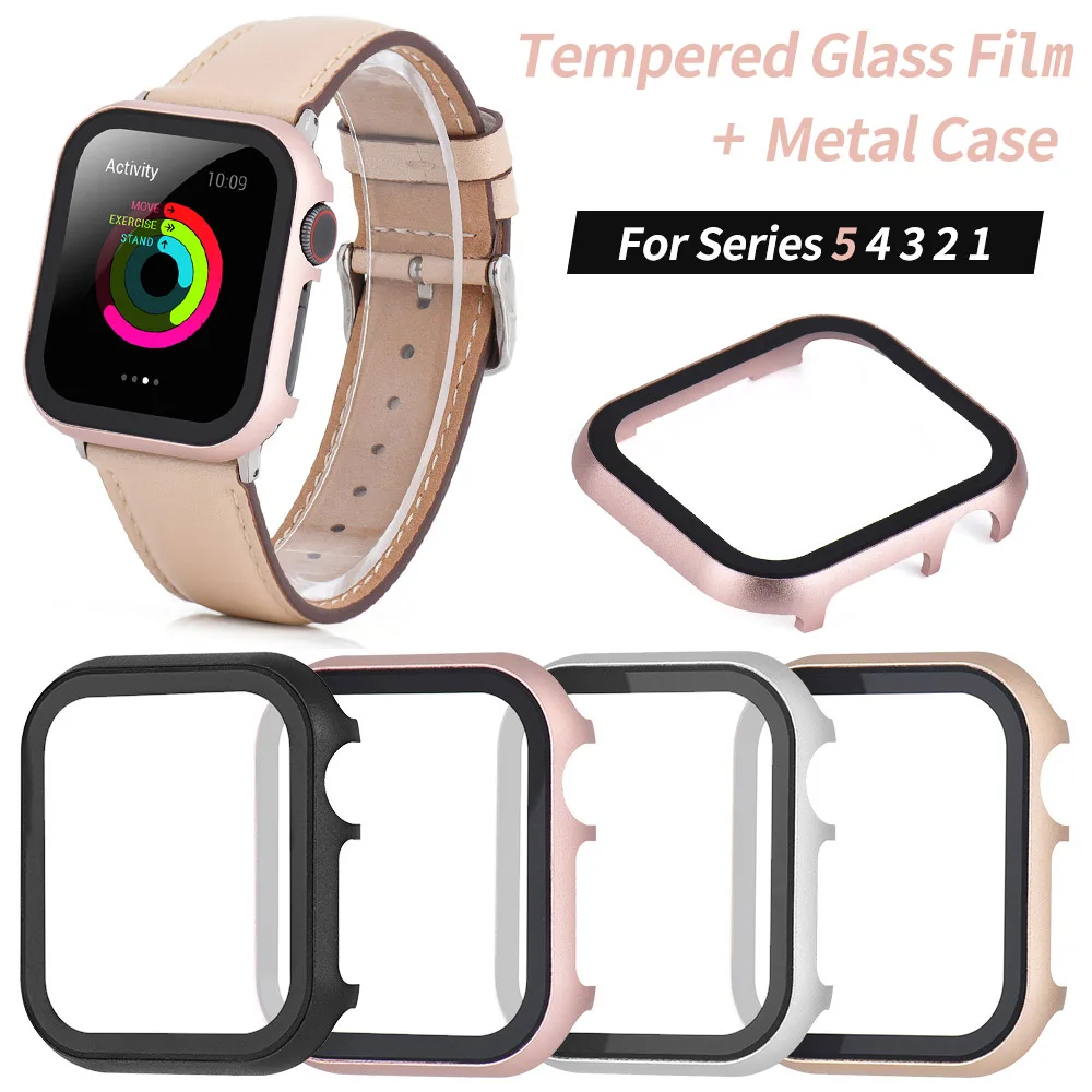 

Metal Case+3D Tempered Glass Film for Apple Watch Series 5 4 3 2 Screen Protector Cover Bumper for iWatch 40mm 44mm 38mm 42mm