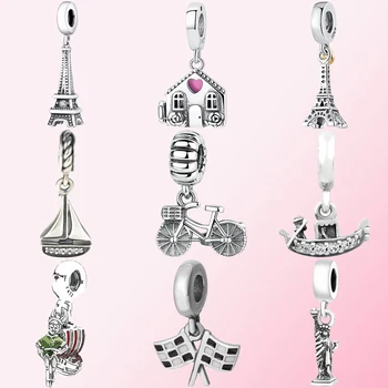 

2019 100% 925 Sterling Silver Classic Bicycle Sailing Tower Statues Women's Charm DIY Dangle Free Shipping Wholesale