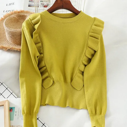 Женские однотонные корейские свитера с оборками, Повседневная зимняя одежда, пуловеры, модные женские свитера 13457 - Цвет: Цвет: желтый