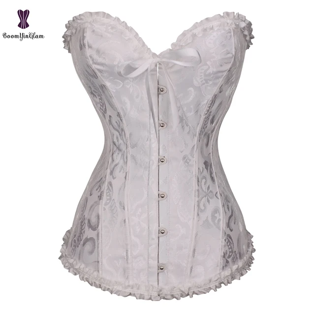 7 Colors Can Be Chosen Women Body Shaper Size XS To 6XL Vintage Pleated Corset Bustier With G String 810# White