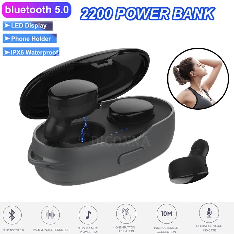 Mini Touch True беспроводные Bluetooth наушники Близнецы гарнитура с шумоподавителем в ухо наушники с 2200 мАч power Bank