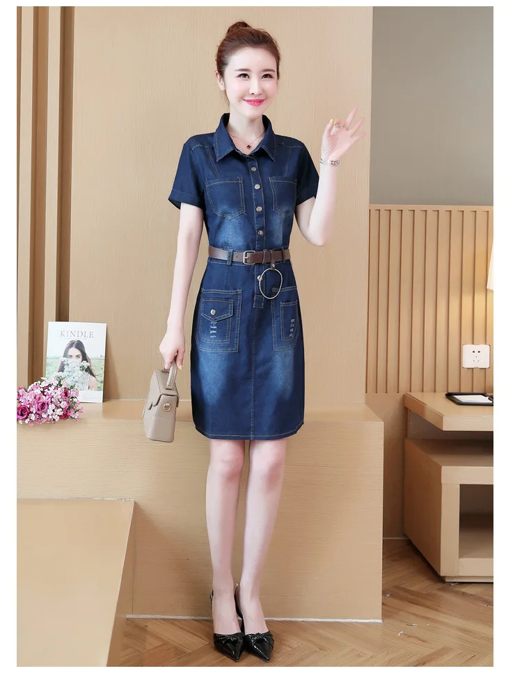 2734 Summer Short Sleeve Denim Dress For Women With Belt Front Button Shirt Dress Plus Size 5XL Multi Pockets Jeans Dress Sexy