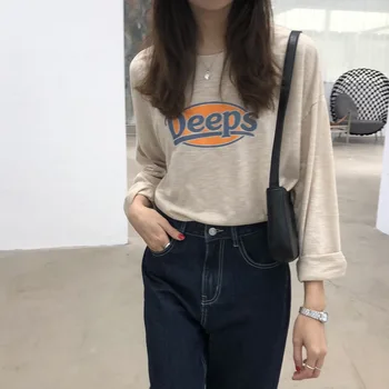 

Concise Round Neck Letter Printing Long Sleeve T Shirt Woman 2020 Season Leisure Time Personality Jacket Gr23 Harajuku