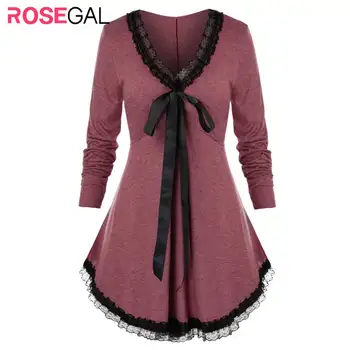 

ROSEGAL 5X Spring Women Long Sleeve Lace T-Shirts Plus Size Plunge Lace Panel Trim Tie Curved Tunic Tee Ladies Top Tee 2020