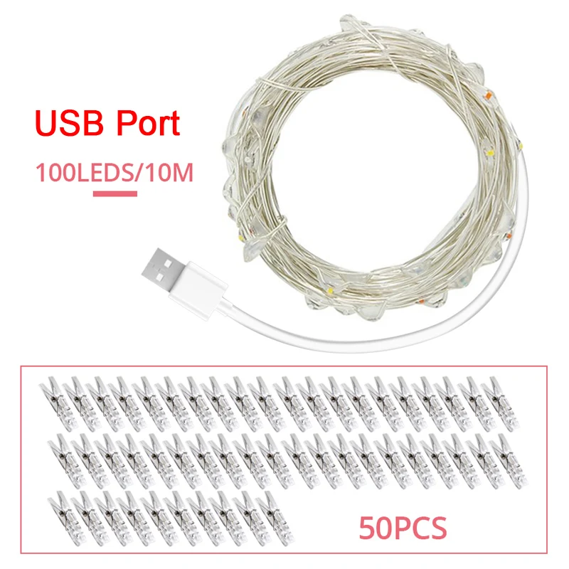 2/5/10 м гирлянда карты Медный провод светодиодный строки фото клип USB Батарея работает Рождественский Декор Свадебная вечеринка изображения огни - Испускаемый цвет: USB port 10m