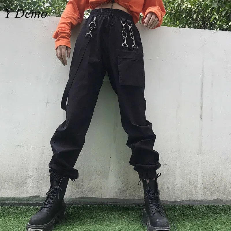 Techwear модные женские брюки карго с карманом и пряжкой повседневные Черные