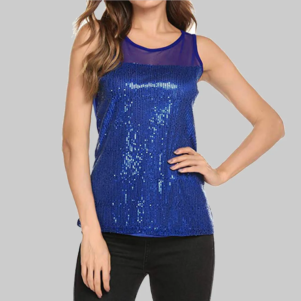 Fashion Shimmer Sequined Tank Tops Mesh Strap tshirt Casual Summer Ladies Sexy O-Neck Vest Female Women Sleeveless Shirt Blusas | Женская