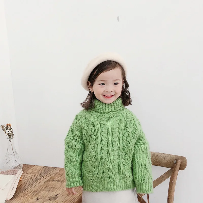 Winter fashion girls high collar Twisted loose sweaters kids fashion casual solid color knitted pullovers