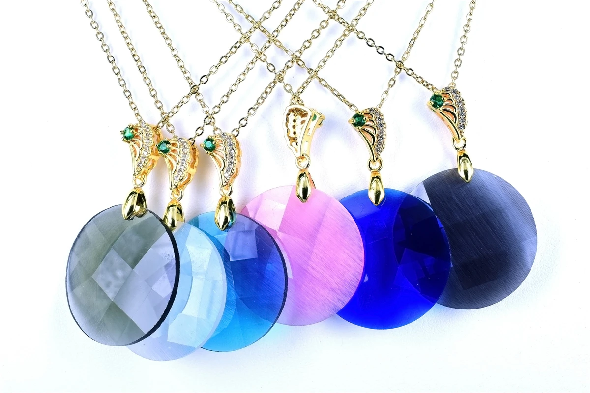 

QITIS Luxury 28MM Round Pendant Zircon Necklace CZ Fashion Cat's Eye Necklace Women's Jewelry