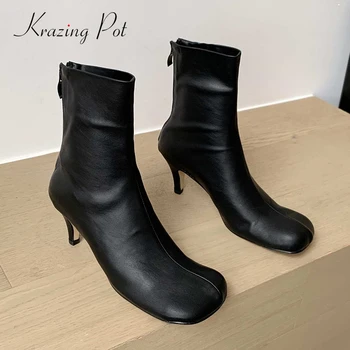 

krazing pot short boots microfiber european style big square toe thin high heel back zipper comfortable gorgeous ankle boots L11