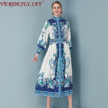 

VERDEJULIAY Autumn Fashion Runway Elegant Dress Women's Long Sleeve Belt Ruched Floral Print Midi A Line Holiday Casual Dress