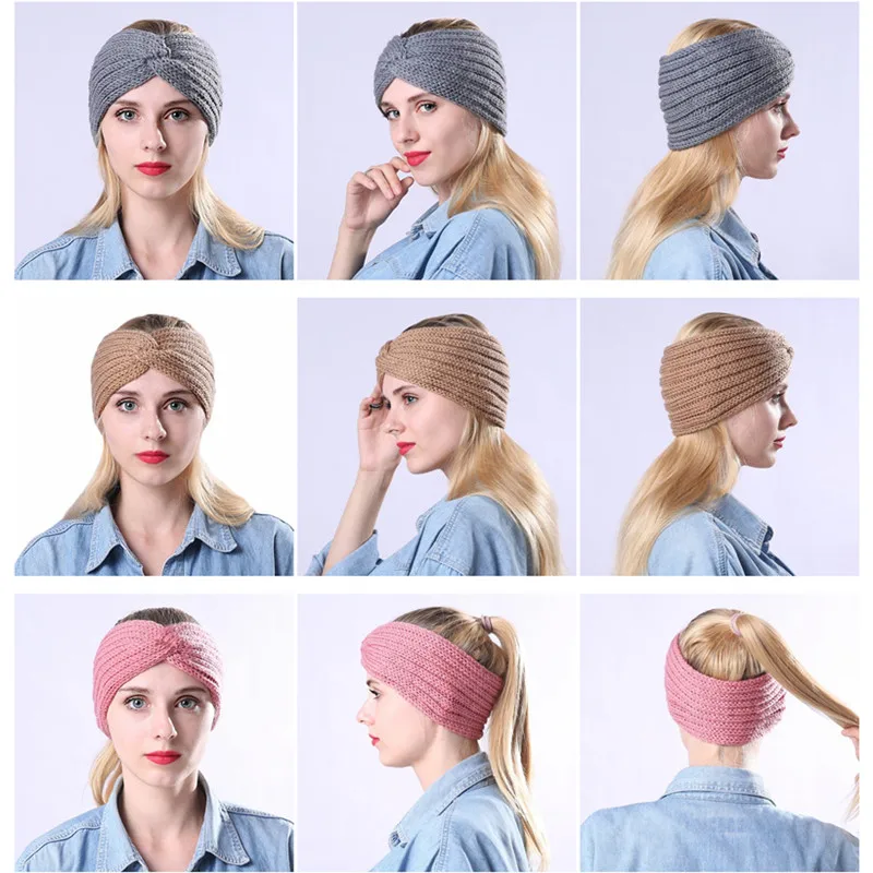 2021 Winter Warmer Ear Knitted Headband Turban For Lady Women Crochet Bowknot Rhinestone Hairband Headwrap Hair Accessories