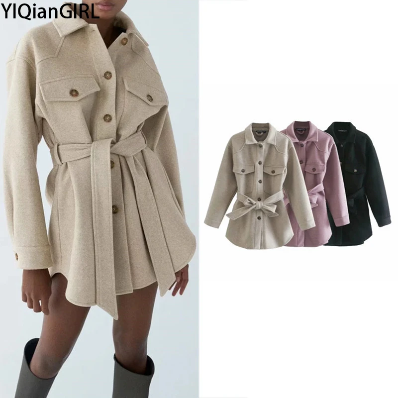 Zar-Chaqueta de lana holgada con cinturón para mujer, abrigo Vintage de manga larga para invierno, prendas de vestir exteriores elegantes, abrigo elegante para mujer 2020