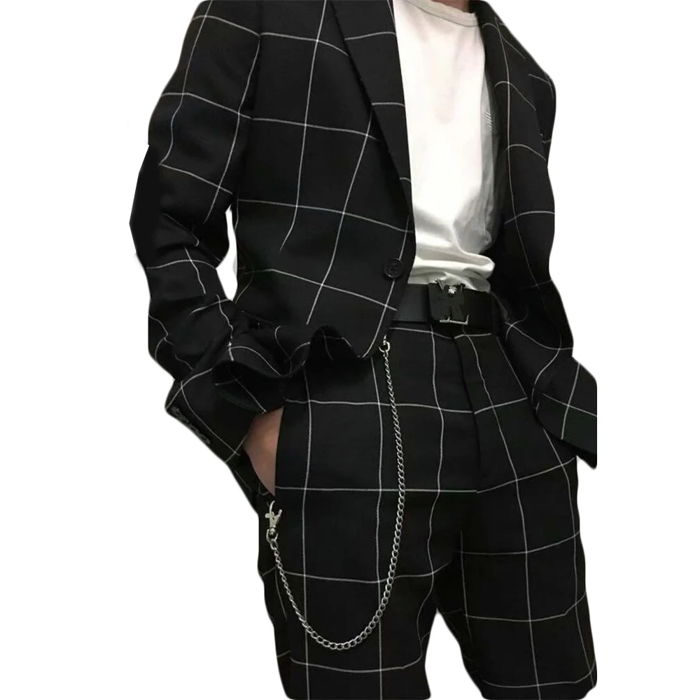 2 Pieces Black Men Suits Plaid Jacket+Pant Custom Made Fit Slim Handsome Suits High Quality Formal Party Suit