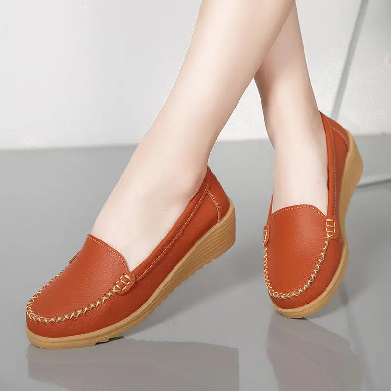 

[Natural Leather] Spring And Autumn Slanted Heel Thick Bottomed Mom Shoes Rubber Sole Work WOMEN'S Shoes Soft Bottom Anti-slip P