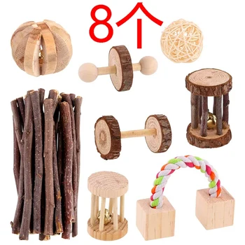 

8PCS Guinea Pig Toys Chinchilla Hamster Rat Toys Bunny Gerbil Molar Wooden Natural Dumbells Exercise Bell Roller