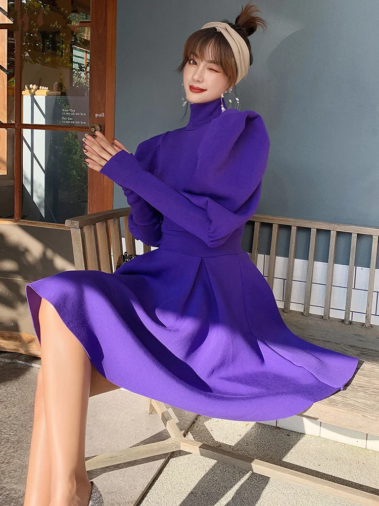 Фиолетовое бальное платье вечерние платья с рукавами-фонариками женские осенние винтажные повседневные уличные короткие платья в Корейском стиле