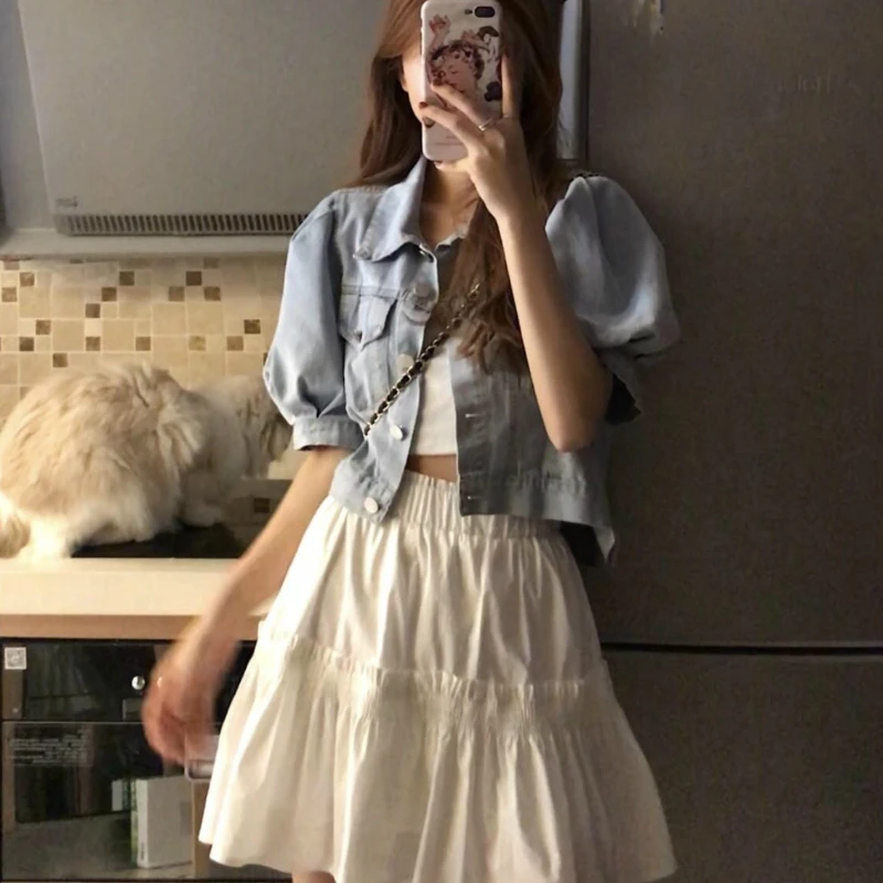 여성용 데님 재킷 크롭탑, 빈티지 레트로 퍼프 슬리브, 루즈한 싱글 브레스티드, 기본 여성 아웃웨어, 올매치 얼짱 시크 튜닉