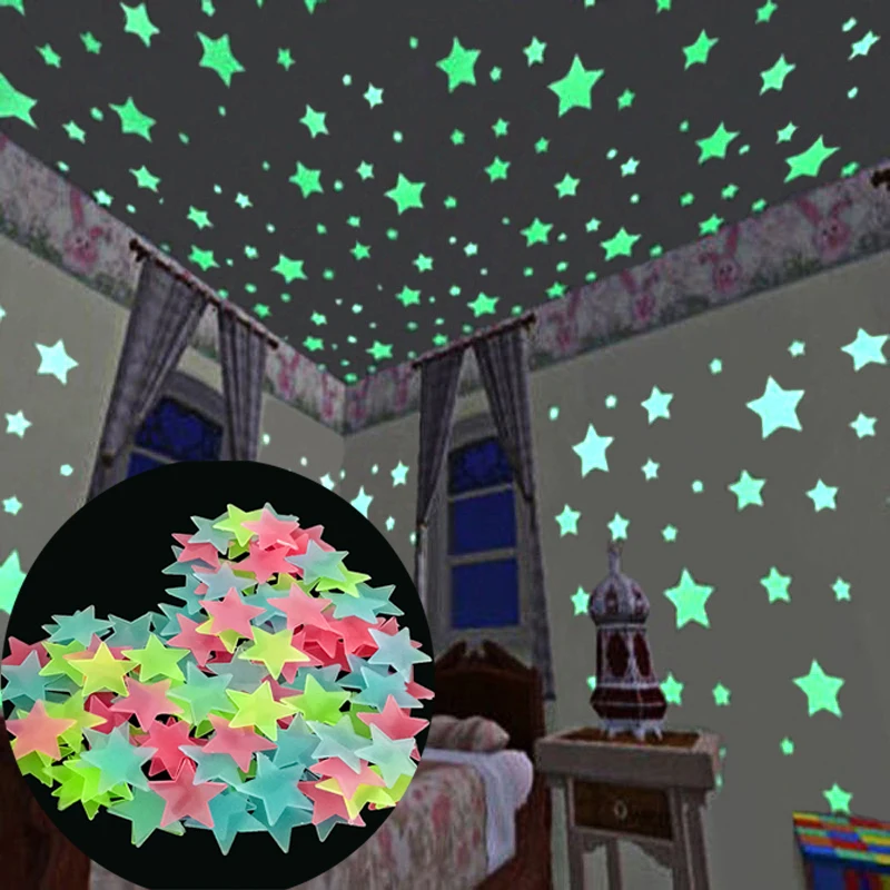 100 шт. 3 см Светящиеся в темноте игрушки Светящиеся Стикеры-звезды спальня диван флуоресцентная живопись игрушка ПВХ наклейки для детской комнаты Настенные наклейки