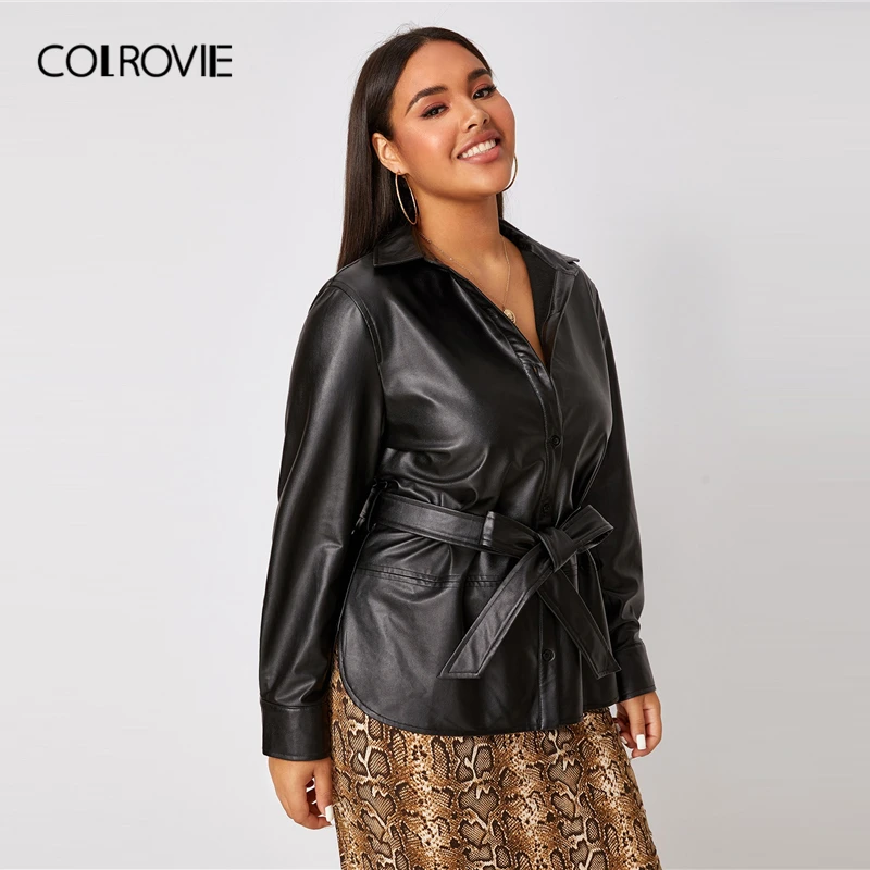 Ideal COLROVIE Plus Button Front Belted PU Leather Jacket Women 2019 Fall Ladies Black Jackets Casual Sin