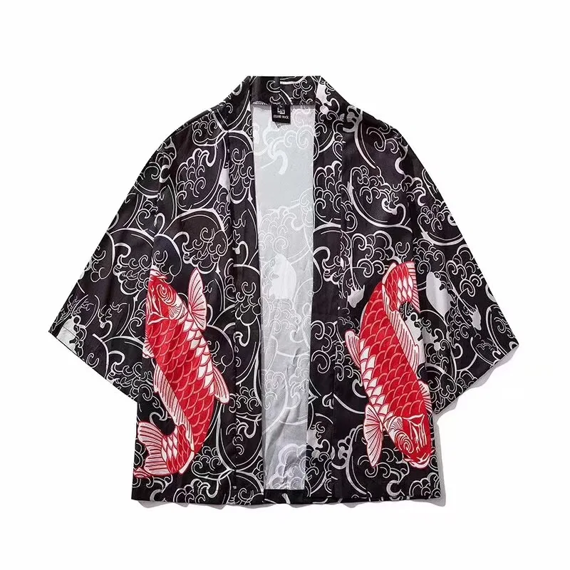 

2020Summer New Ukiyo-e Chinese Style Carp Print Kimono Man Woman Jacket Cardigan Asian Clothes Japanese Traditional Yukata Yuori