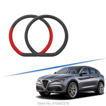 

Car Steering Wheel Cover Black Red Drilled Suede Breathable Leather Fit for Alfa Romeo Stelvio 2017-2021