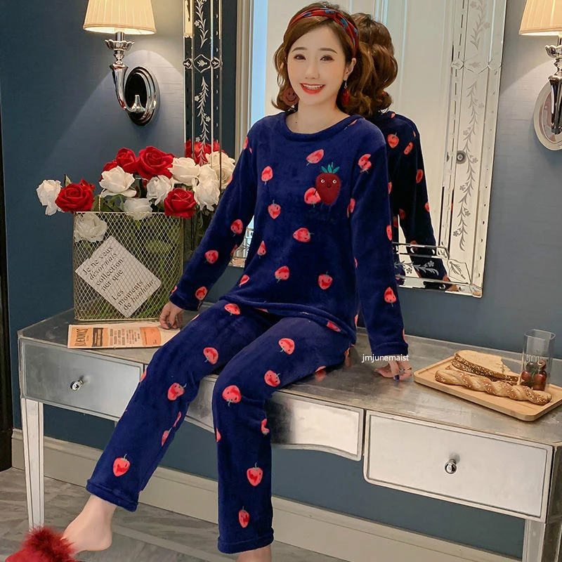 Зимний женский пижамный комплект с длинным рукавом, толстая фланелевая Коралловая флисовая мягкая Уютная пижама с цветочным рисунком, теплая Пижама, комплект для отдыха красного цвета - Цвет: womenpajamas