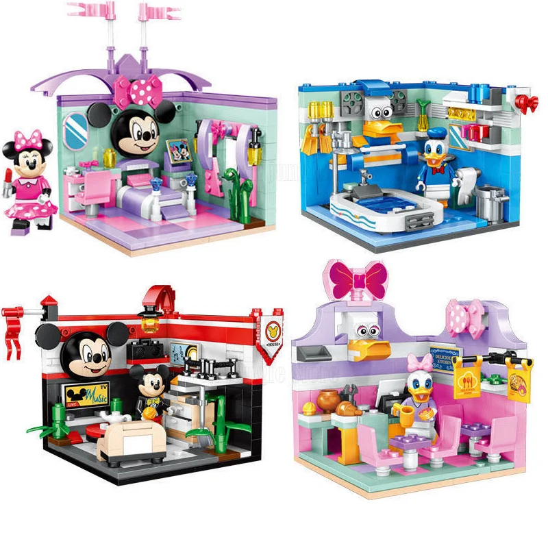 

NEW 4in1small building block toys fairy tale dream house Mickey Minnie duck model building blocks for childrens toy gift Disney
