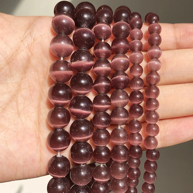 Natural Stone Pink White Moonstone Cat Eye Beads For Jewelry Making Smooth Loose Spacer Beads Opal Diy Charm Bracelets Necklace Dark Purple