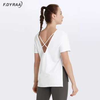 F DYRAA Women Hollow Back Yoga Shirts Short Sleeve Top Sports T Shirts Quick Dry