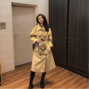 

Korean Plus size Long Trench Coats Women 2020 New Spring Autumn Coat Belt khaki Double breasted Windbreaker Female Outerwear