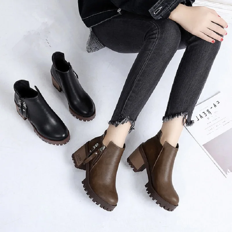 Г., осенние модные женские ботинки на высоком каблуке, на платформе, с пряжкой, на шнуровке, кожаные короткие ботиночки, Черная женская обувь хорошего качества