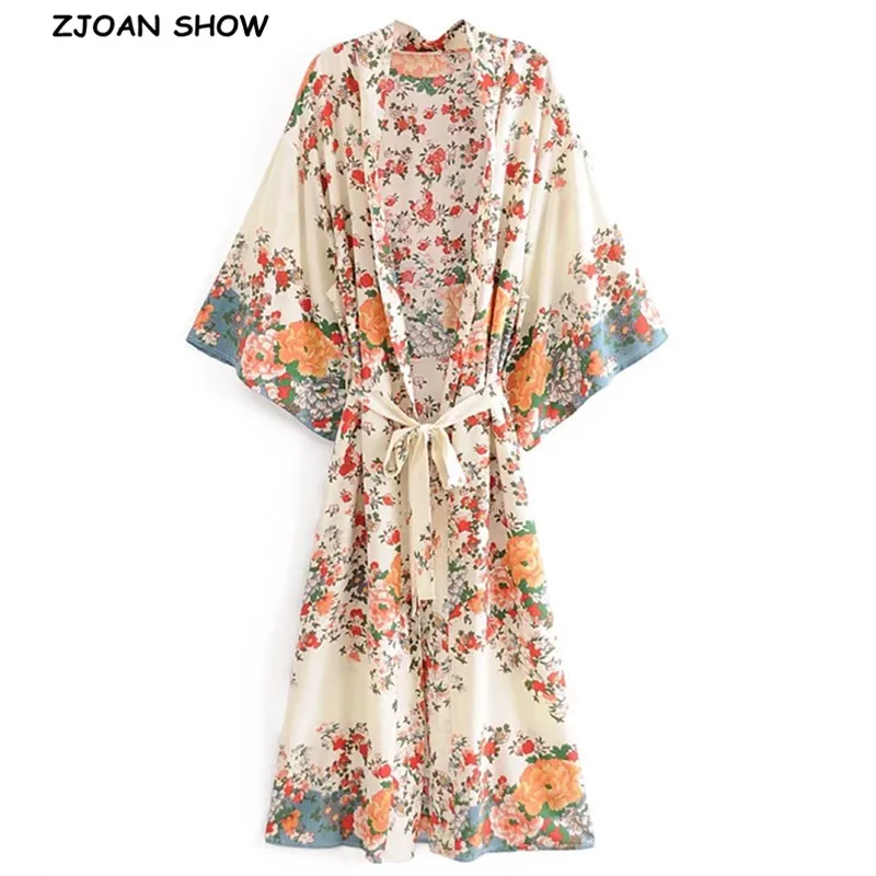 Kimono Shirt Loose Blouse Long-Cardigan Beige BOHO Tops Floral Women Sashes Print Location