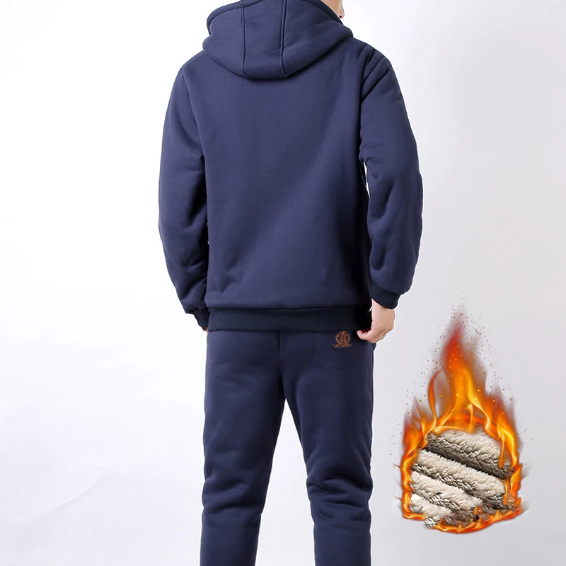 Discount Winter Men Sweat Suits Fleece Warm Mens Tracksuit Set Casual Sportwear suits jacket + pants Thick Slim Fit Sets