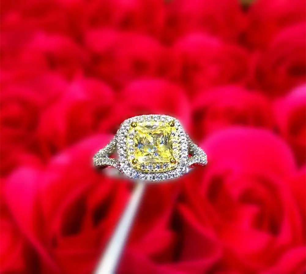 

925 Sterling Silver cz crystal Yellow Square Stone Quartz ring charm geometric Gemstone Ring Romantic Wedding Engagement jewelry
