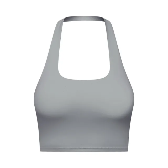New Design Women Fitness Bra Tight Yoga Vest Sports Tank Top Hanging Neck Tube Top Style Beautyl Back Folds With Removable Chest Streamer gray
