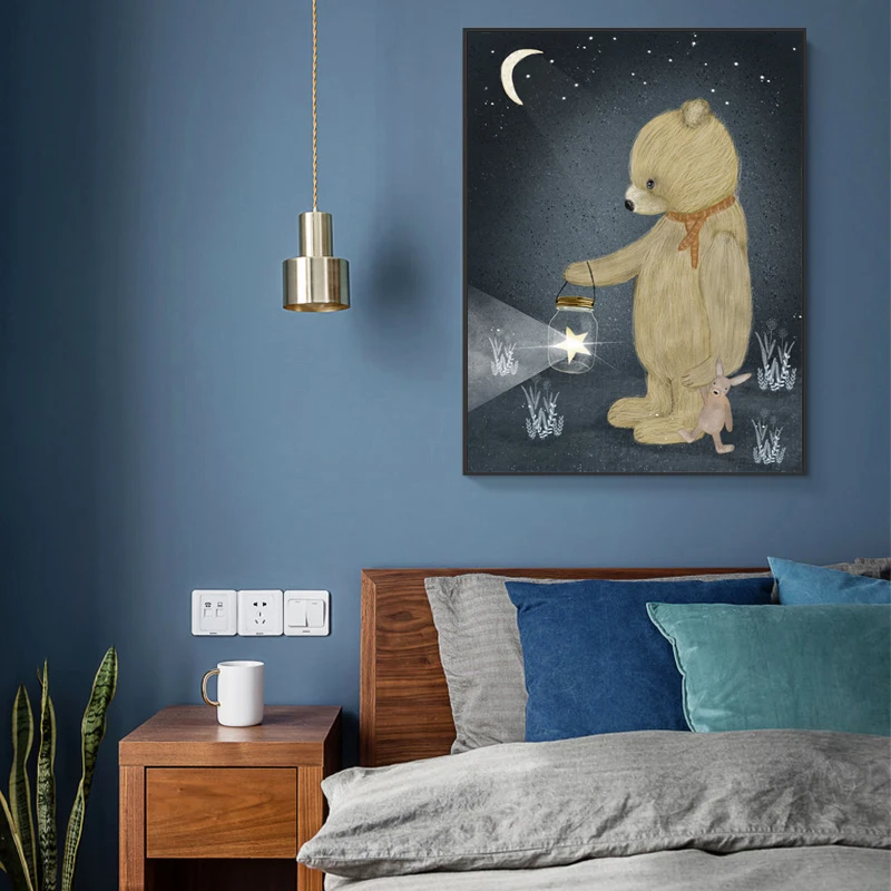 Современный Носки с рисунком медведя из мультика лампой в руке Wall Art Холст