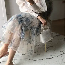 Многослойные юбки с принтом в виде чернил, высокая талия, трапециевидная плиссированная длинная юбка в складку