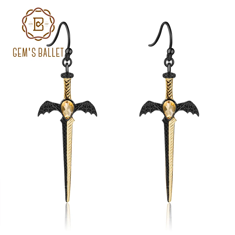 GEM'S BALLET 0.76Ct Natural Citrine Earrings 925 Sterling Silver Vintage Bat's Wing Sword Drop for Women Fine Jewelry | Украшения и